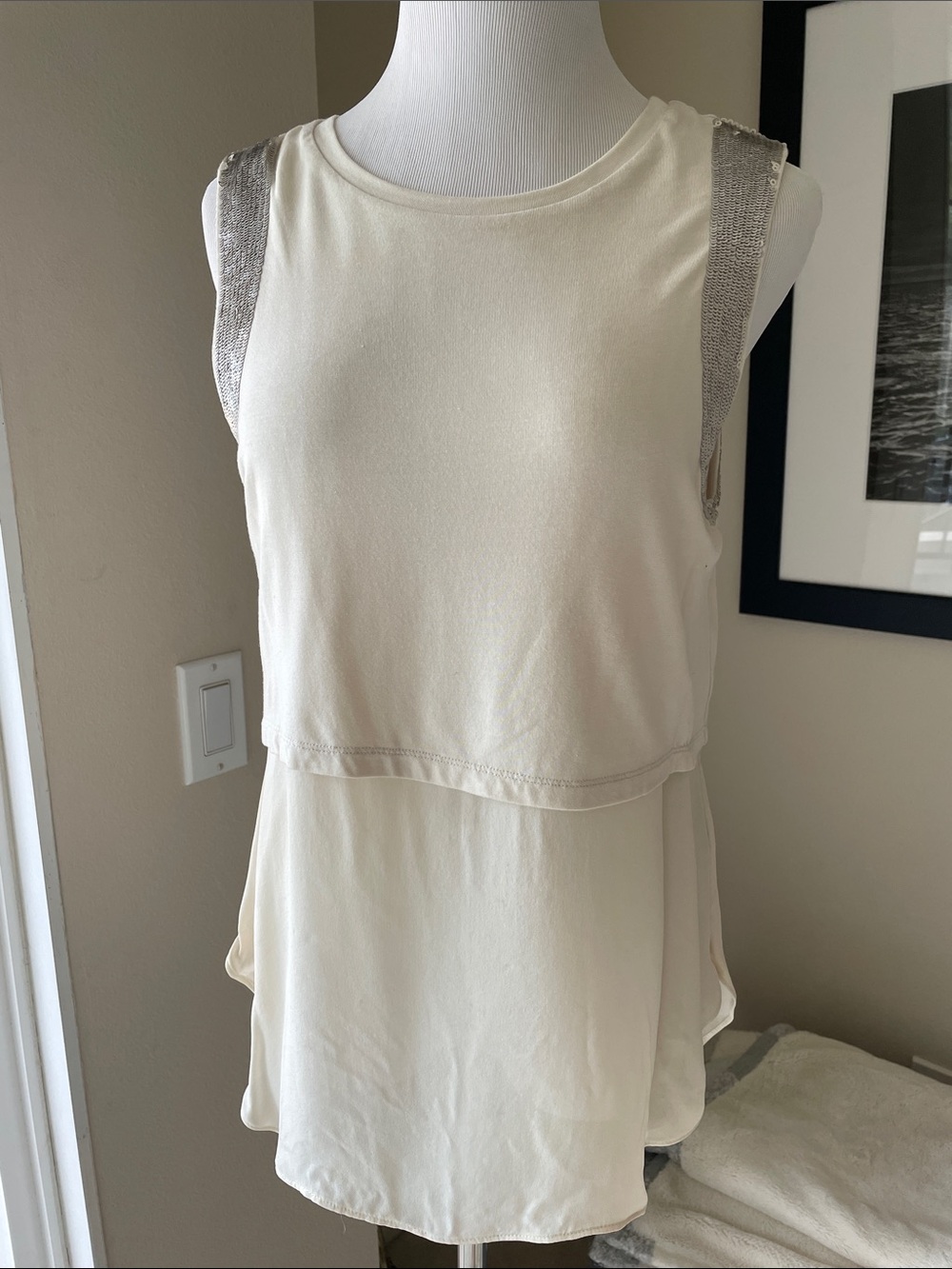 Haute Hippie Silk and Sequin Cream Sleeveless Tank Top Layered M Medium